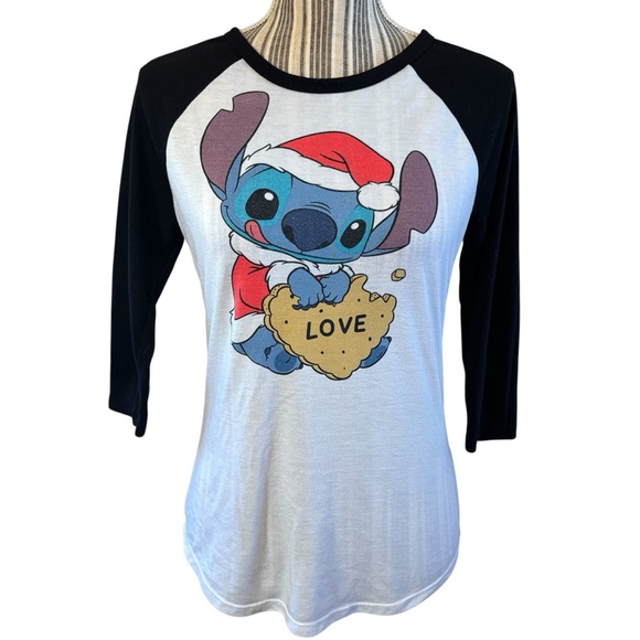 Disney Tops - Disney Stitch Raglan Top Medium White Black 3/4 Sleeve Baseball Tee Jerry Leigh